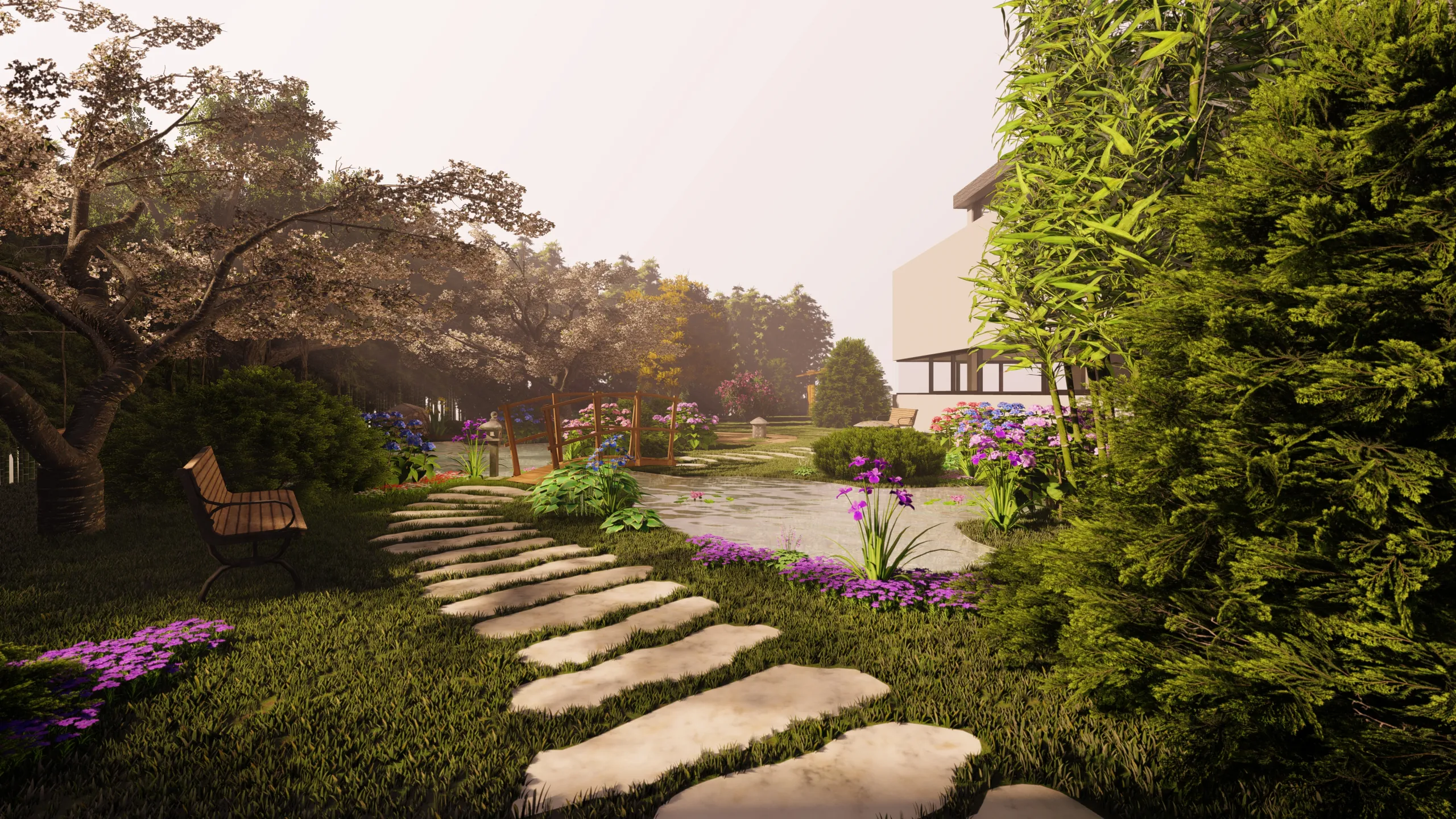 Render 3D giardino con sentiero in pietra e villa moderna