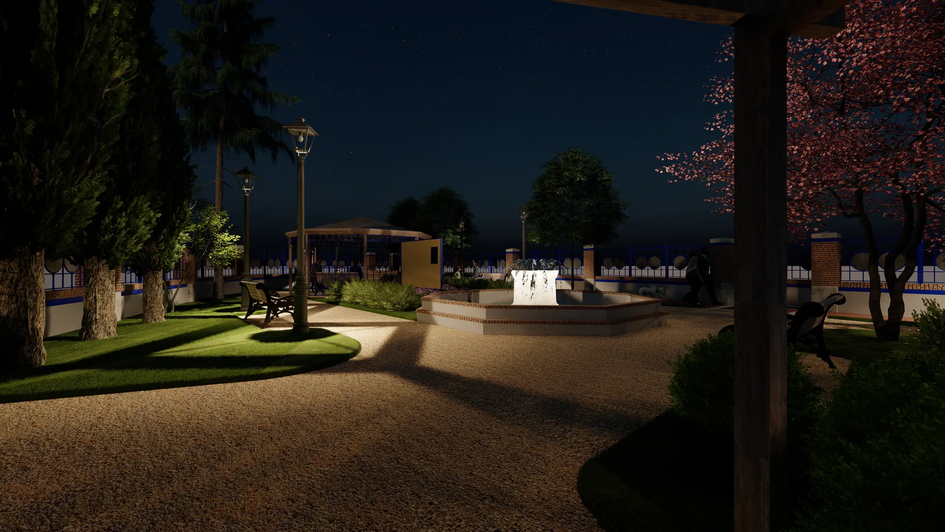 Render 3D notturno di parco con fontana e lampioni