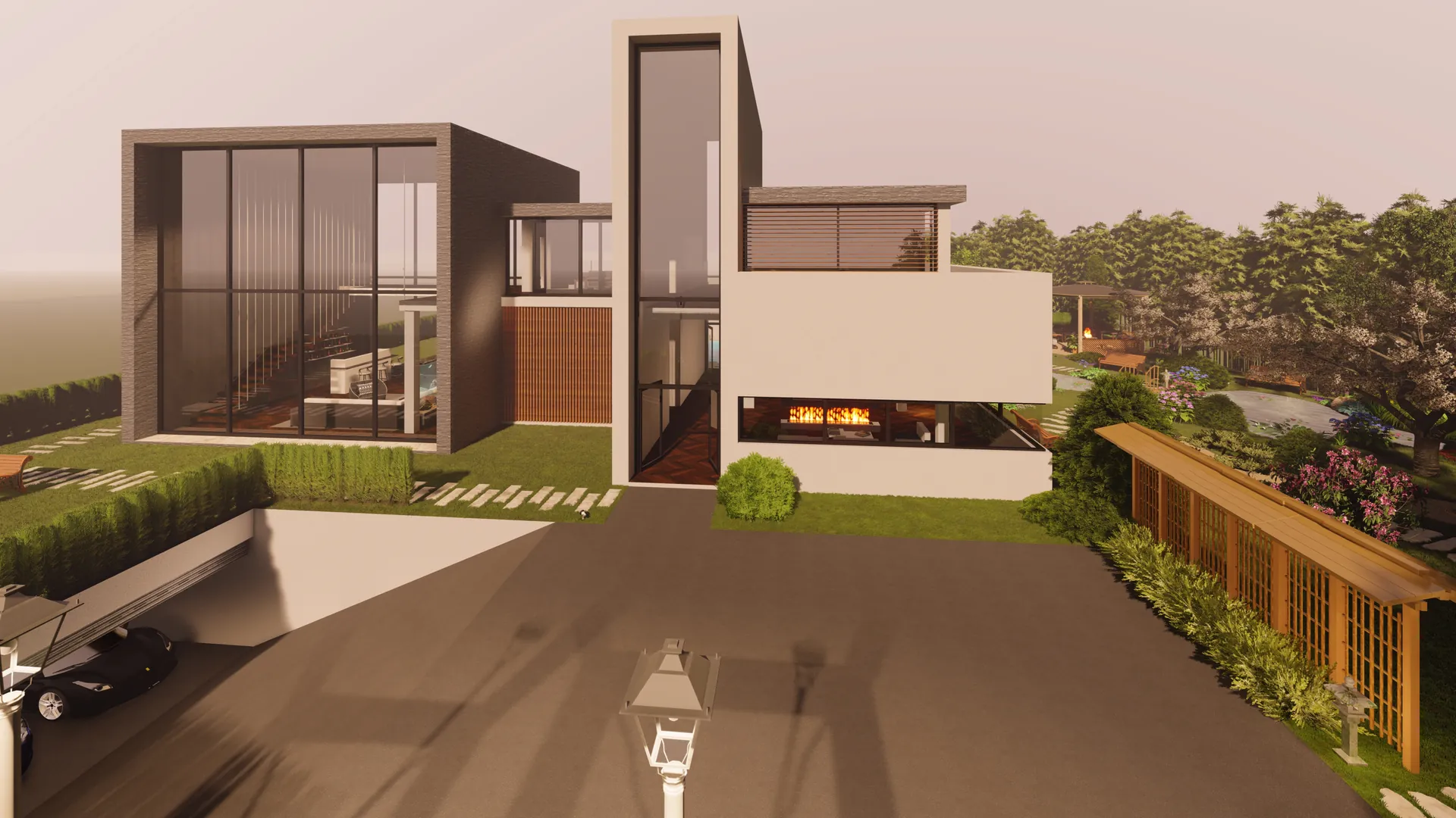 Render 3D villa moderna con ingresso, vialetto e giardino