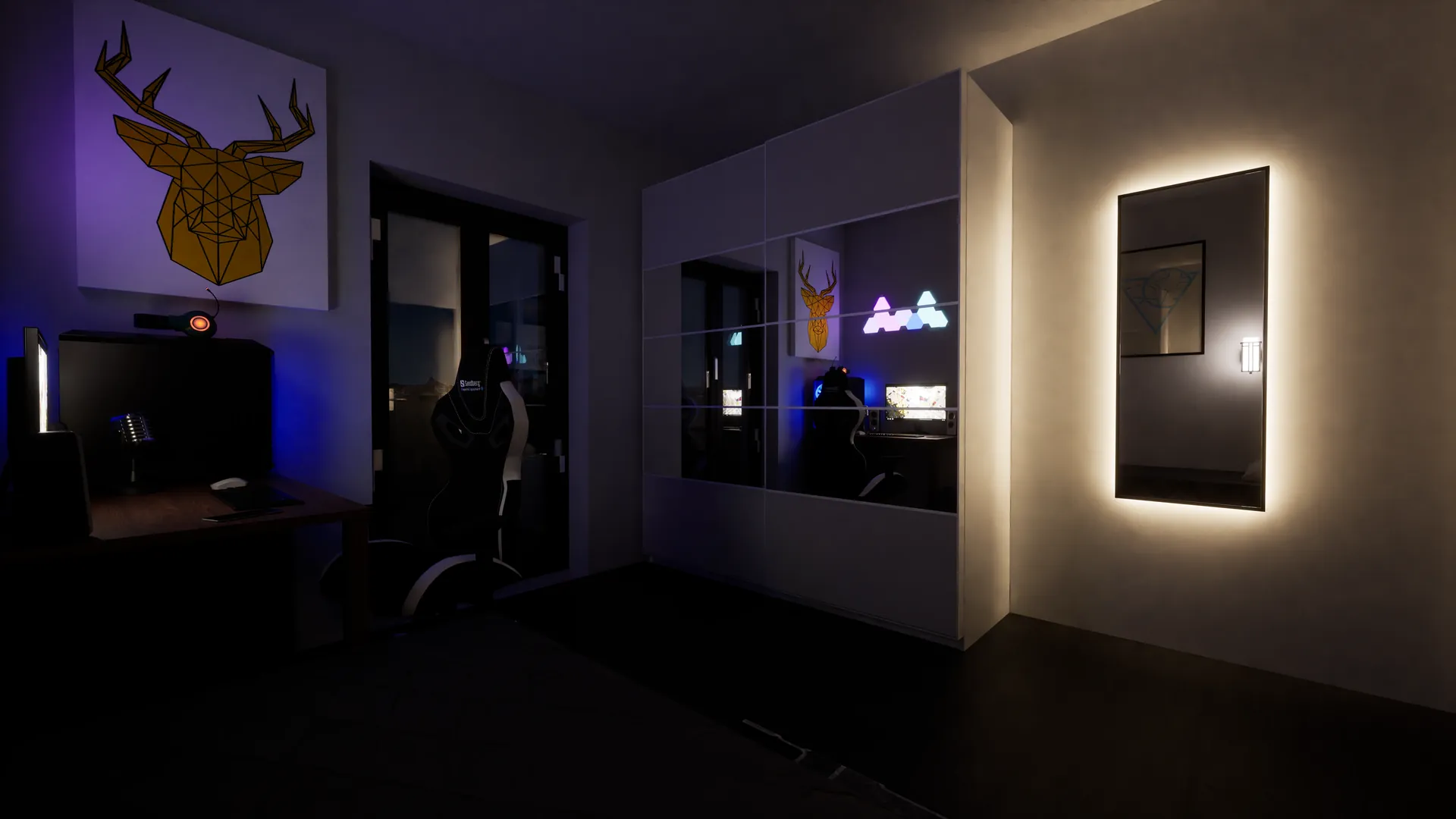 Render 3D cabina armadio con zona gaming