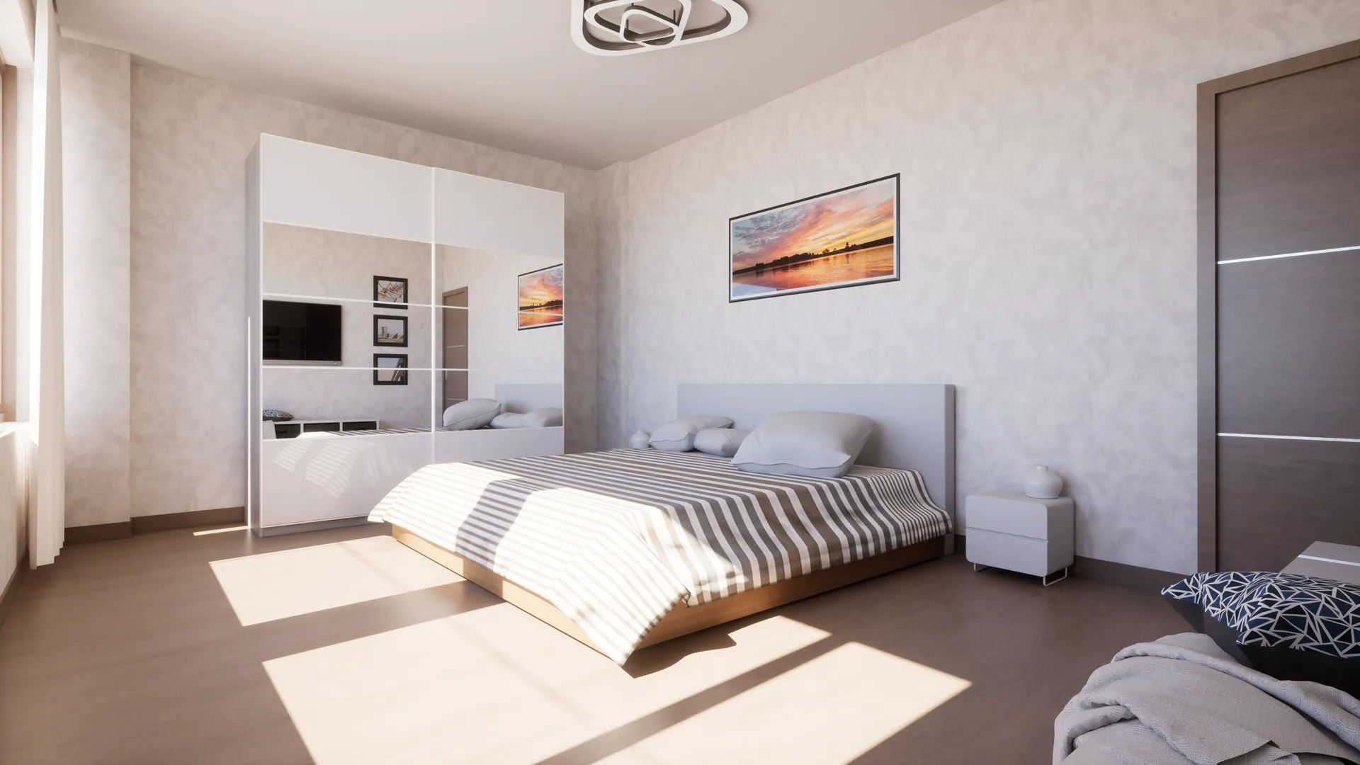 Render 3D camera da letto con armadio a specchio e TV