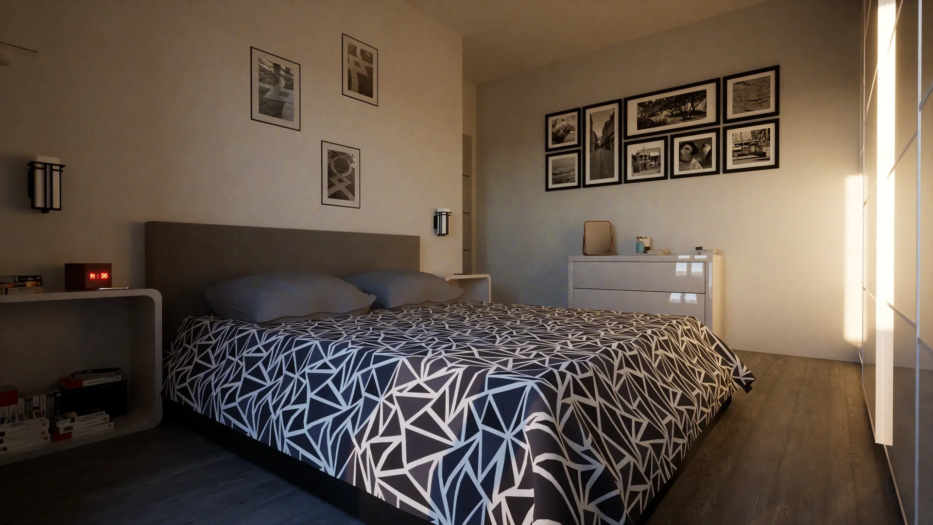 Render 3D camera da letto con parete di fotografie