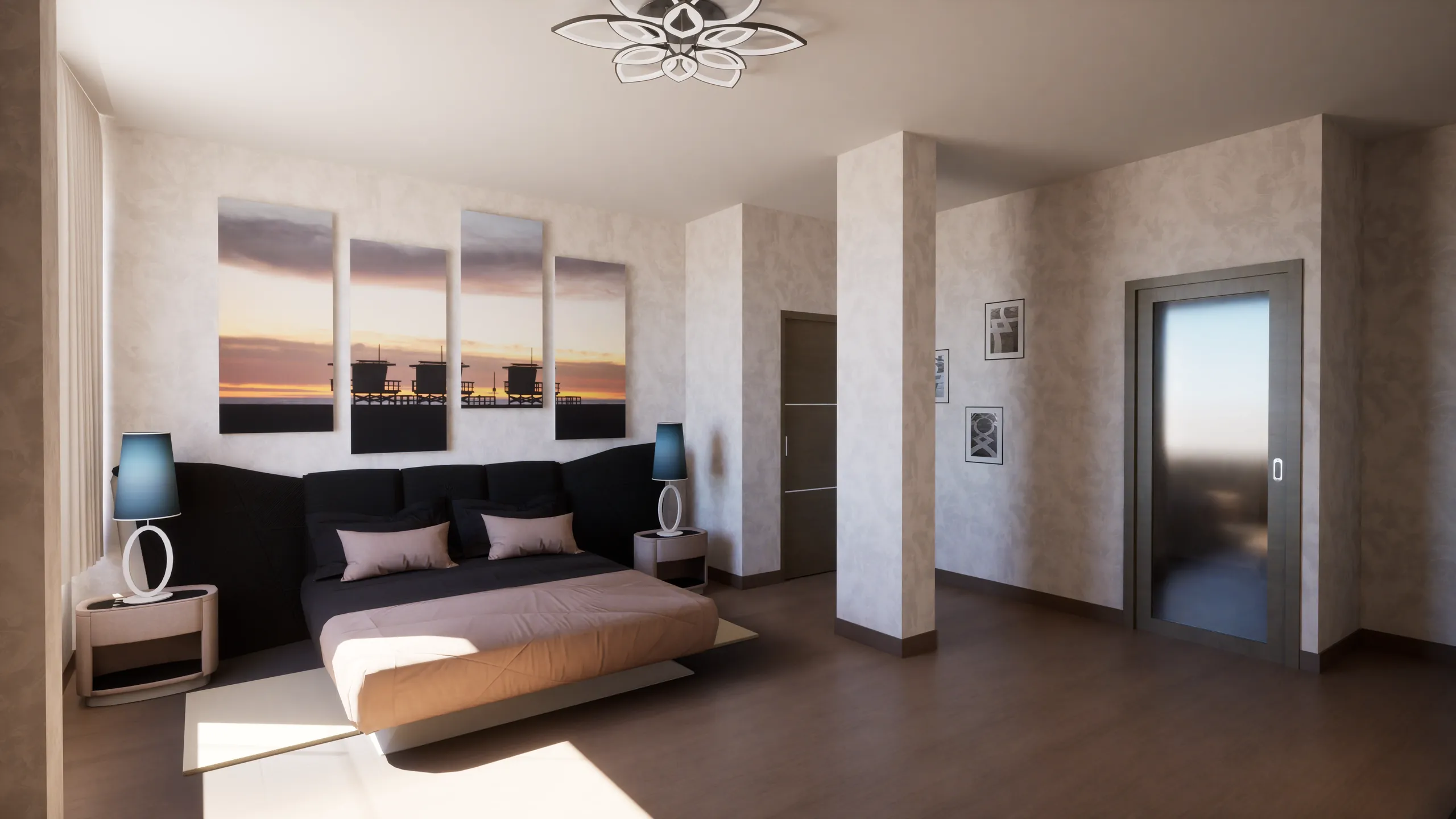 Render 3D camera da letto con quadri al tramonto