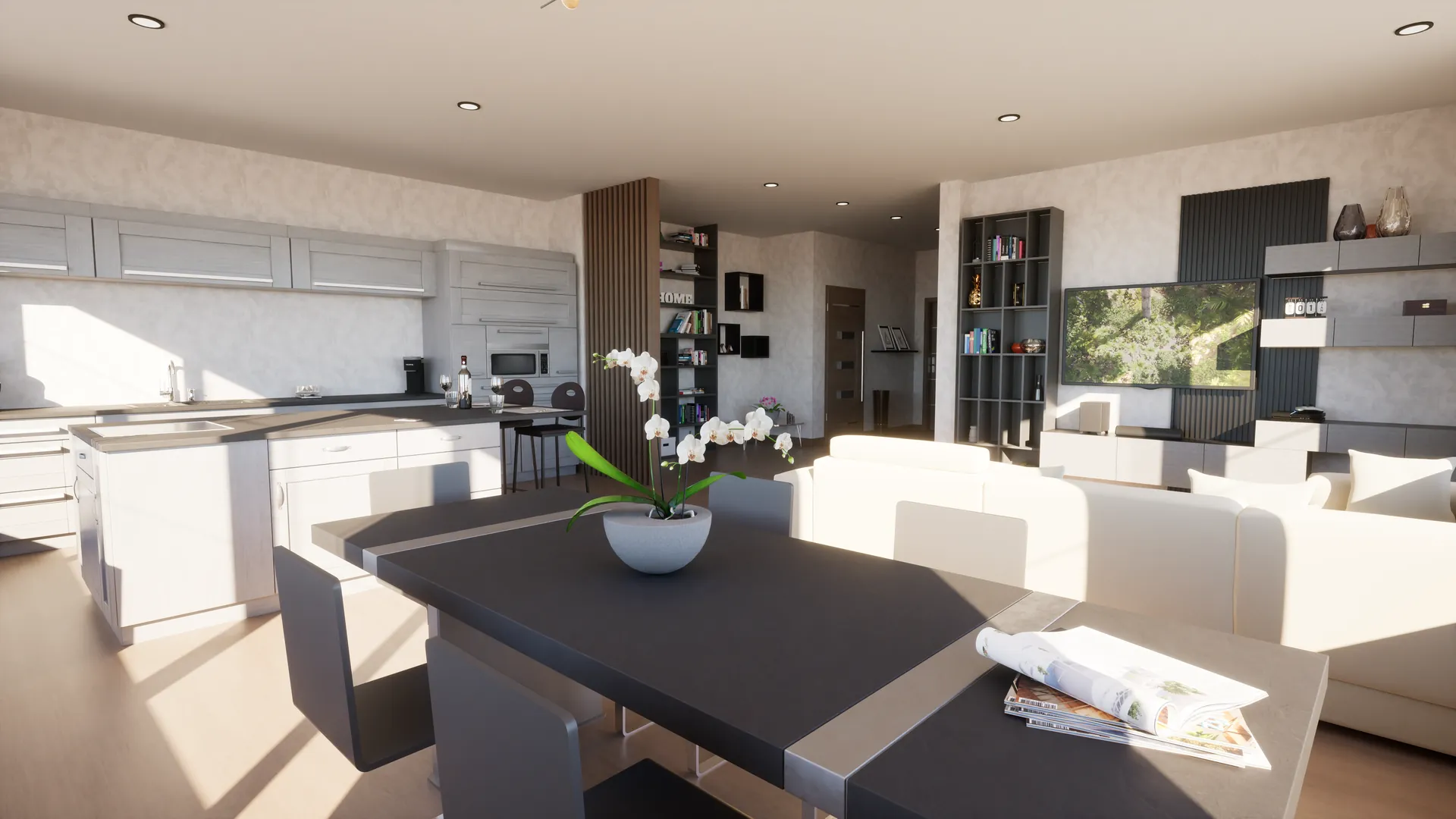 Render 3D open space con cucina bianca e soggiorno
