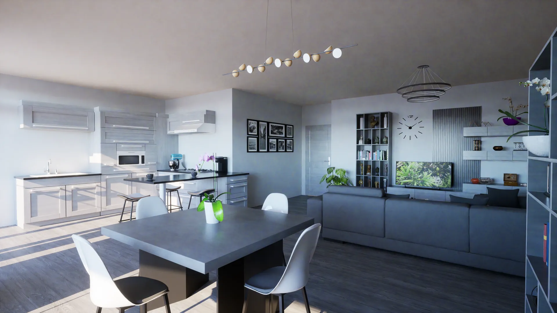 Render 3D open space cucina e soggiorno con parete TV