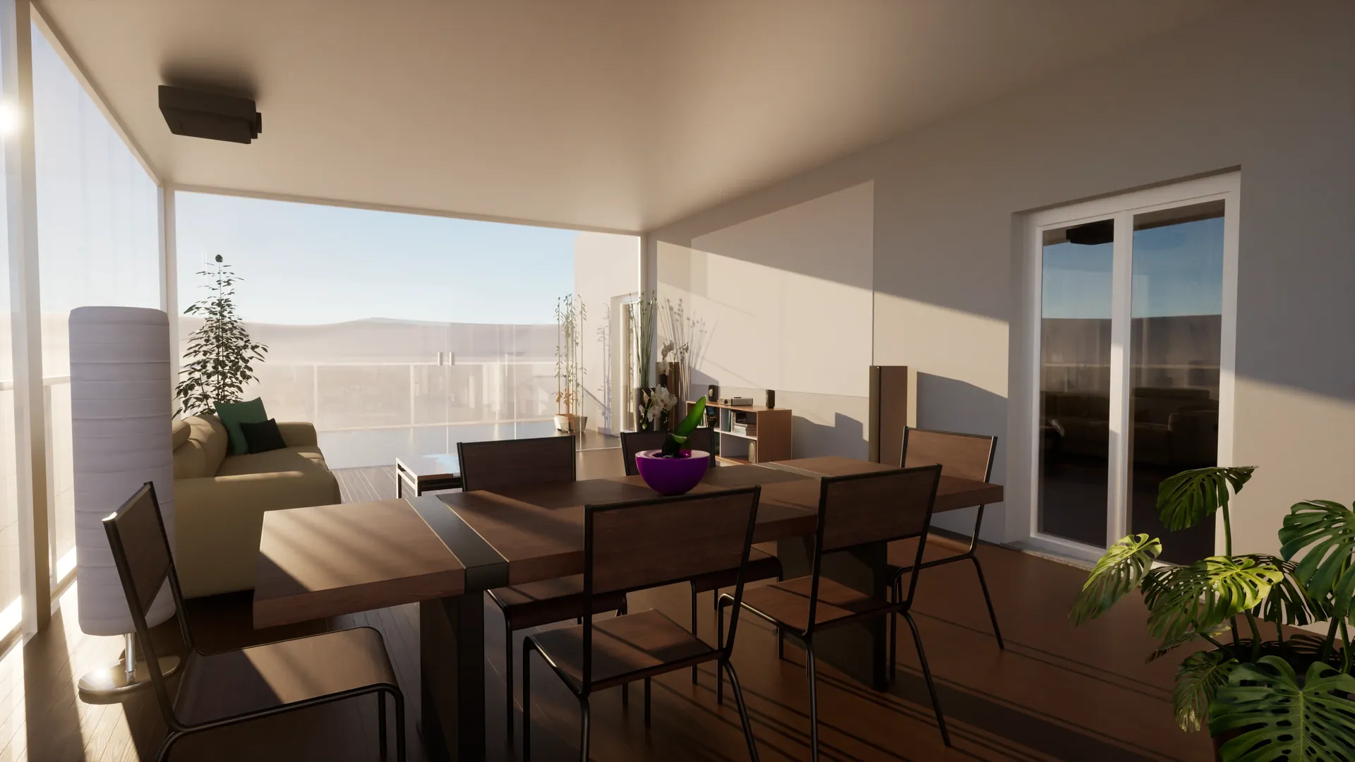 Render 3D soggiorno e zona pranzo con vista panoramica